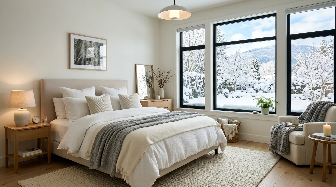 Keep surfaces calm so the bedroom still feels restful inspiration for a winter bedroom.